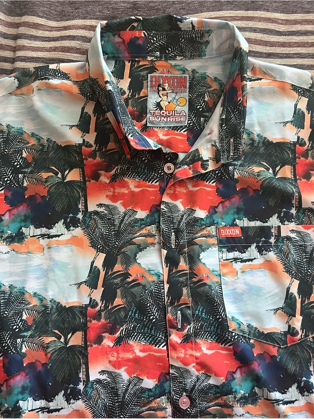 DIXXON Tequila Sunrise Tropical Button-Up Party Shirt in Coral, Teal & Black